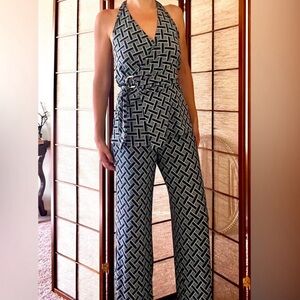 White House Black Market Navy & White Geometric Halter Jumpsuit